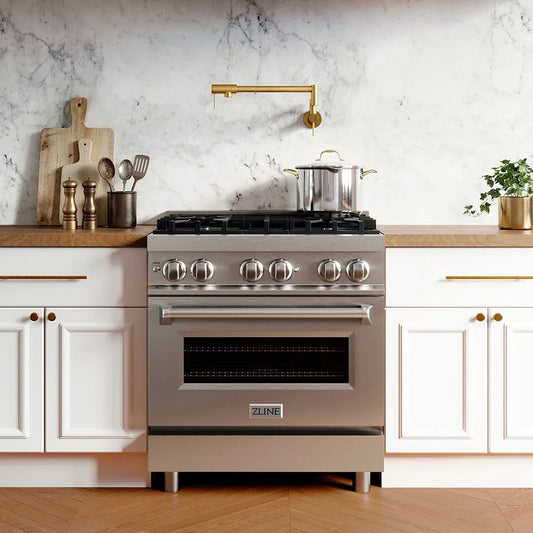 ZLINE 30 in. 4.0 cu. ft. Legacy Dual Fuel Range with 4 Burner Gas Cooktop and Electric Convection Oven in Stainless Steel (RA30) in a luxury kitchen with marble backsplash and wooden countertops.