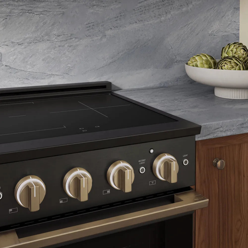 ZLINE Autograph Edition 24 in. 3.2 cu. ft. Marino Induction Range with 3 Element Cooktop and Electric Convection Oven in Black Stainless Steel with Champagne Bronze Accents (MINRBZ-24-CB)