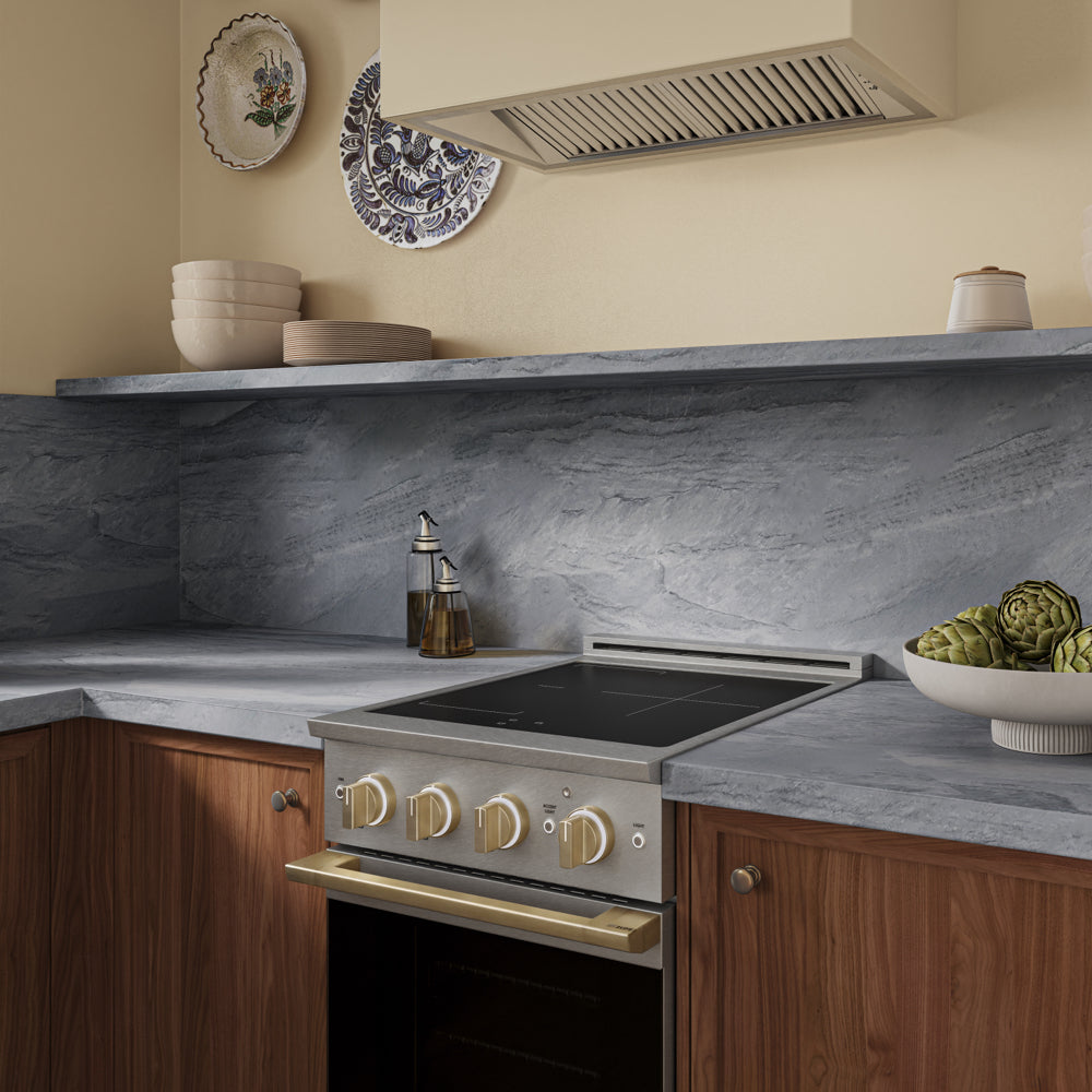 ZLINE Autograph Edition 24 in. 3.2 cu. ft. Marino Induction Range with 3 Element Cooktop and Electric Convection Oven in Satin Stainless Steel with Champagne Bronze Accents (MINRSZ-24-CB)