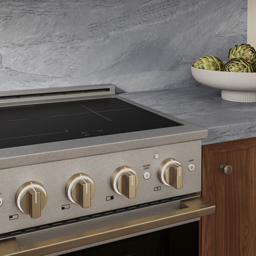 ZLINE Autograph Edition 24 in. 3.2 cu. ft. Marino Induction Range with 3 Element Cooktop and Electric Convection Oven in Satin Stainless Steel with Champagne Bronze Accents (MINRSZ-24-CB)