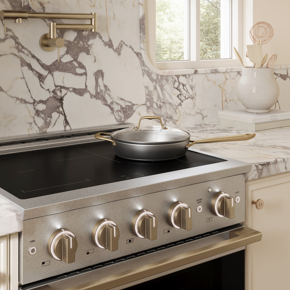 ZLINE Autograph Edition 30 in. 4.2 cu. ft. Marino Induction Range with 4 Element Cooktop and Electric Convection Oven in Satin Stainless Steel with Champagne Bronze Accents (MINRSZ-30-CB)
