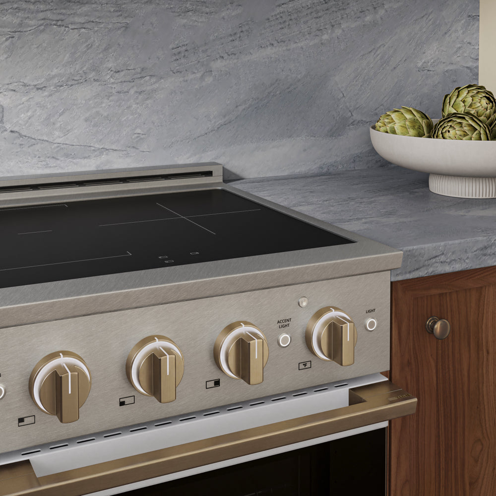 ZLINE Autograph Edition 24 in. 3.2 cu. ft. Marino Induction Range with 3 Element Cooktop and Electric Convection Oven in Satin Stainless Steel with White Matte Door and Champagne Bronze Accents (MINRSZ-WM-24-CB)