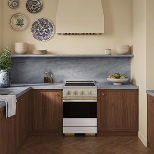 ZLINE Autograph Edition 24 in. 3.2 cu. ft. Marino Induction Range with 3 Element Cooktop and Electric Convection Oven in Satin Stainless Steel with White Matte Door and Polished Gold Accents (MINRSZ-WM-24-G)