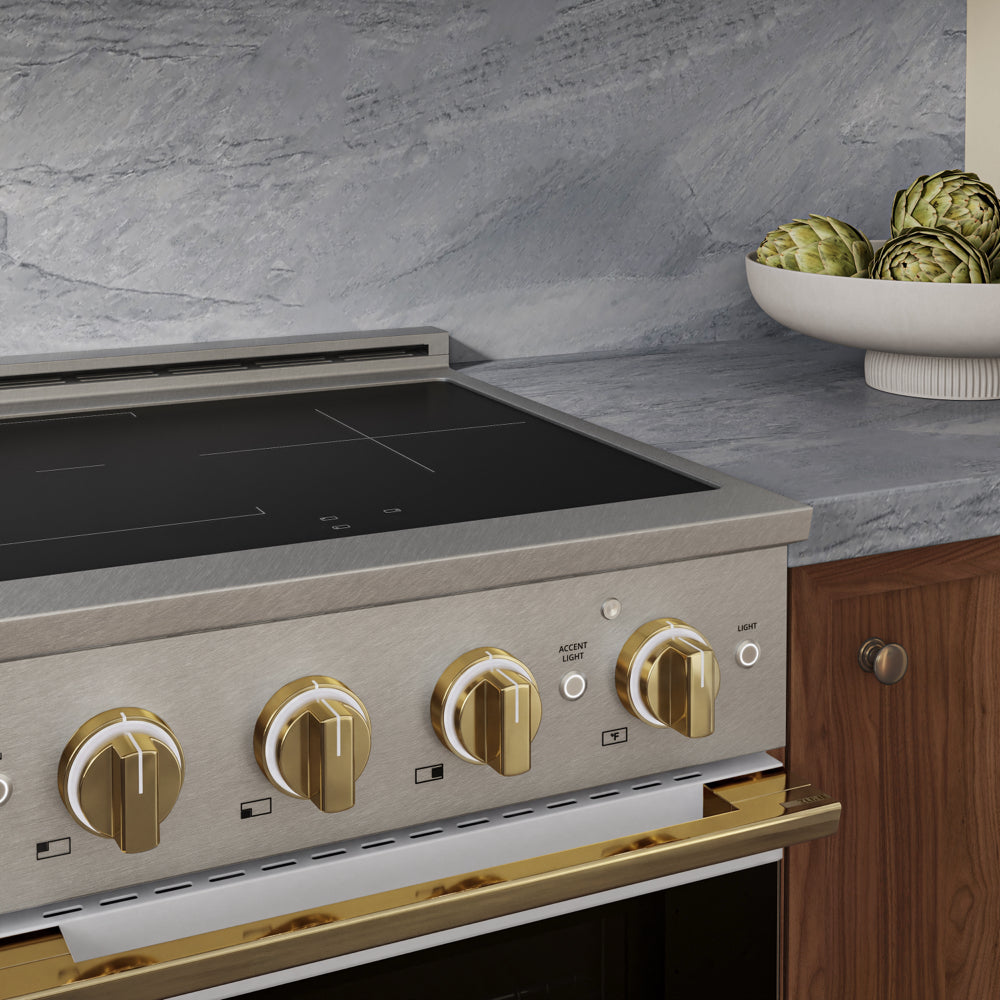 ZLINE Autograph Edition 24 in. 3.2 cu. ft. Marino Induction Range with 3 Element Cooktop and Electric Convection Oven in Satin Stainless Steel with White Matte Door and Polished Gold Accents (MINRSZ-WM-24-G)