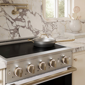 ZLINE Autograph Edition 30 in. 4.2 cu. ft. Marino Induction Range with 4 Element Cooktop and Electric Convection Oven in Satin Stainless Steel with White Matte Door and Champagne Bronze Accents (MINRSZ-WM-30-CB)
