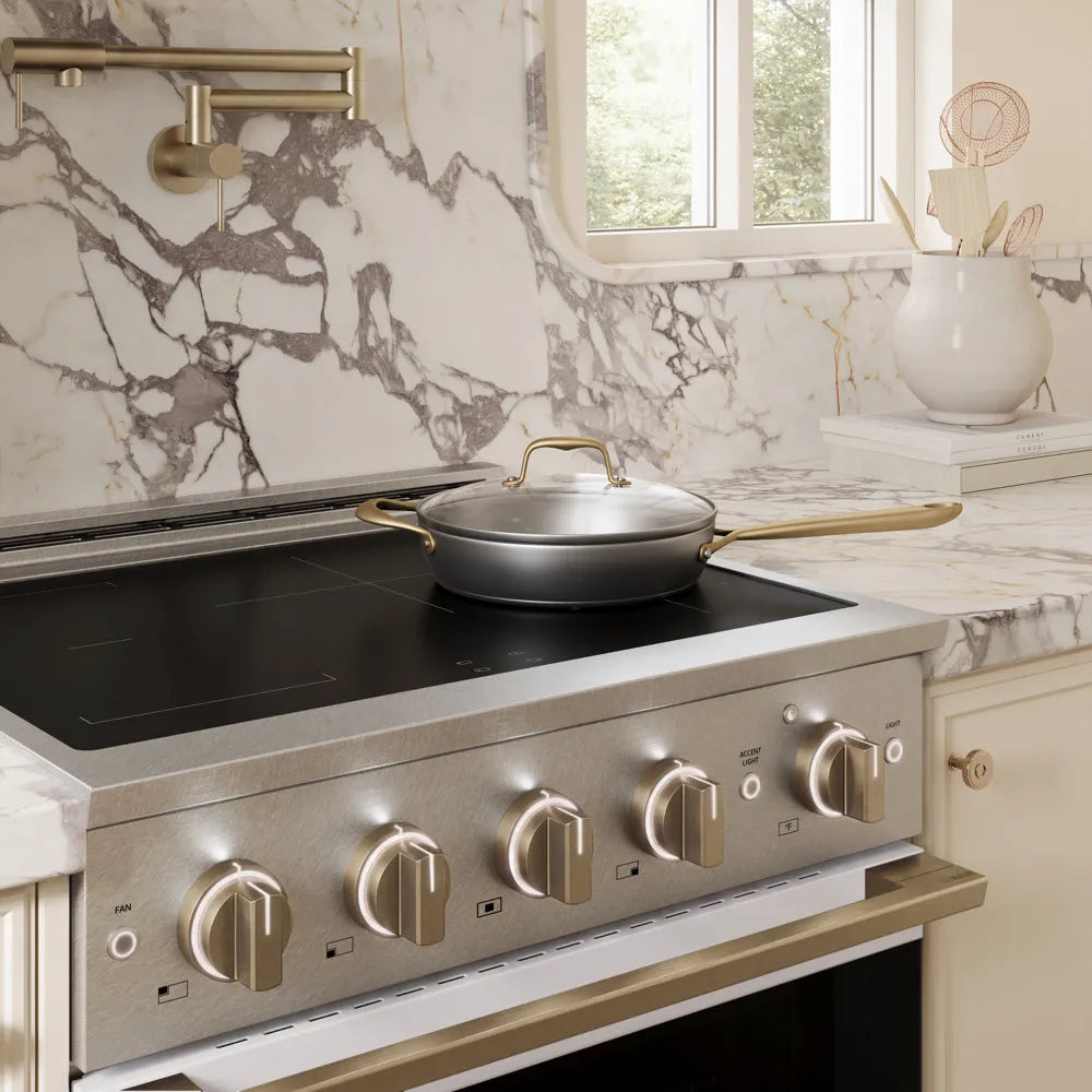 ZLINE Autograph Edition 30 in. 4.2 cu. ft. Marino Induction Range with 4 Element Cooktop and Electric Convection Oven in Satin Stainless Steel with White Matte Door and Champagne Bronze Accents (MINRSZ-WM-30-CB)