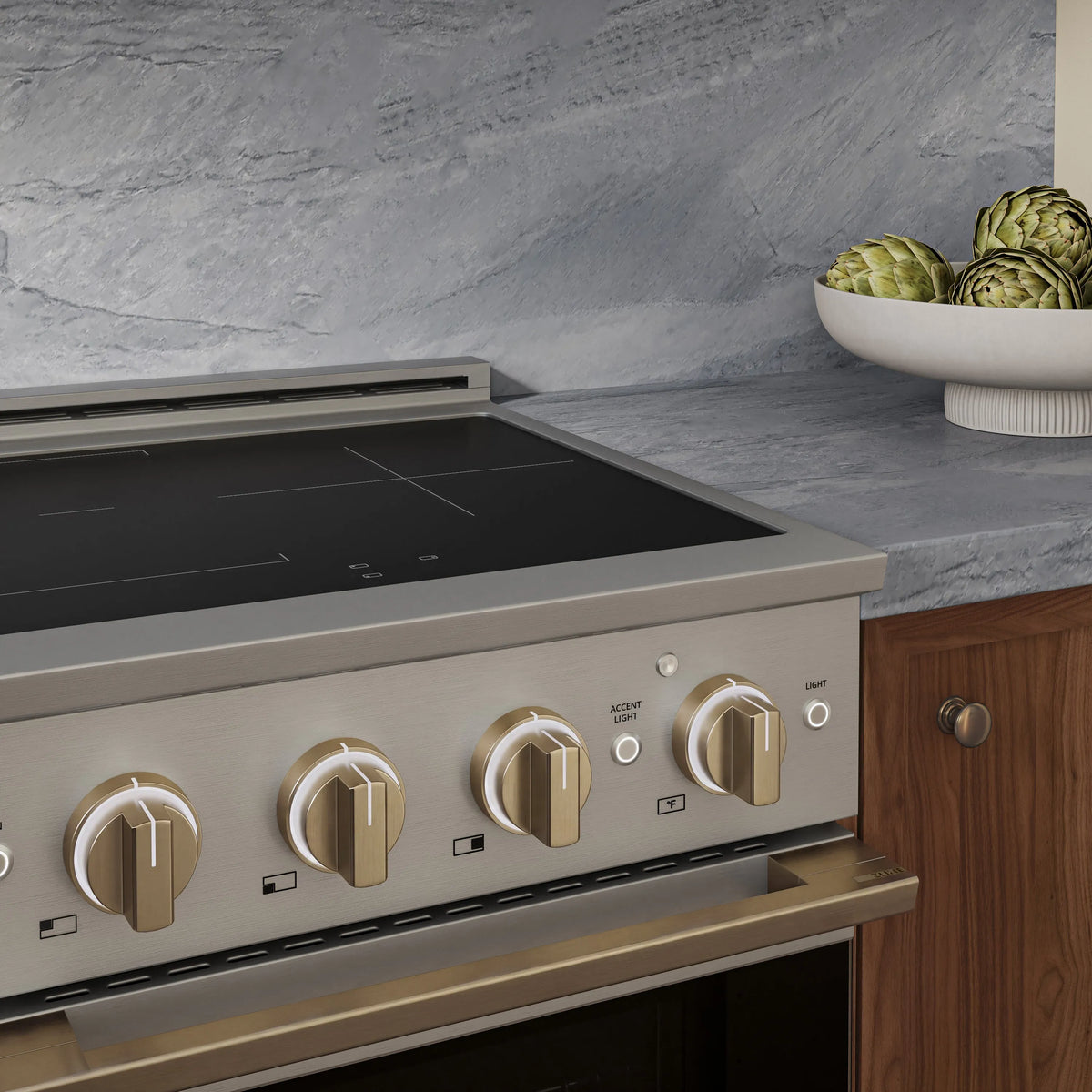 ZLINE Autograph Edition 24 in. 3.2 cu. ft. Marino Induction Range with 3 Element Cooktop and Electric Convection Oven in Stainless Steel with Champagne Bronze Accents (MINRZ-24-CB)