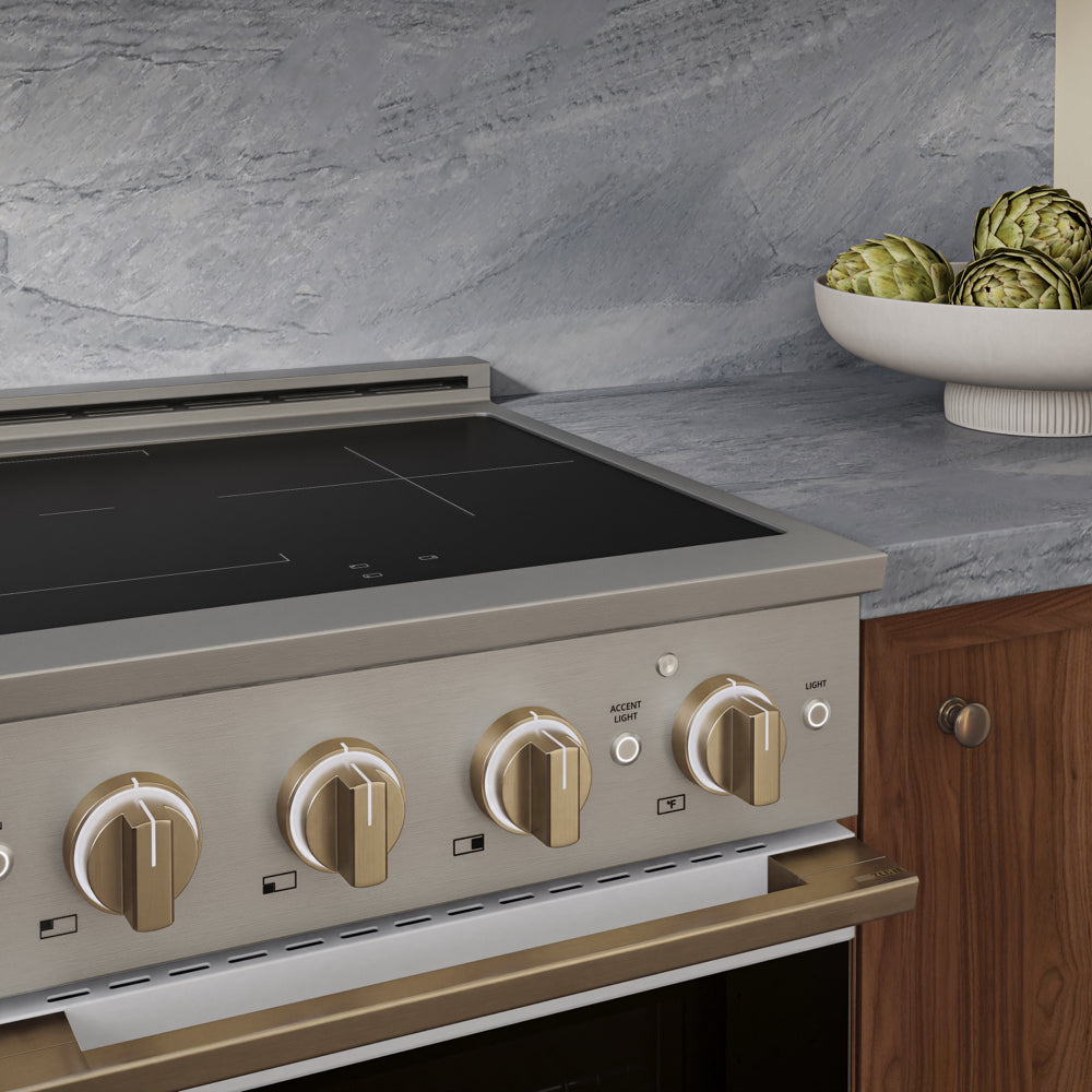 ZLINE Autograph Edition 24 in. 3.2 cu. ft. Marino Induction Range with 3 Element Cooktop and Electric Convection Oven in Stainless Steel with White Matte Door and Champagne Bronze Accents (MINRZ-WM-24-CB)