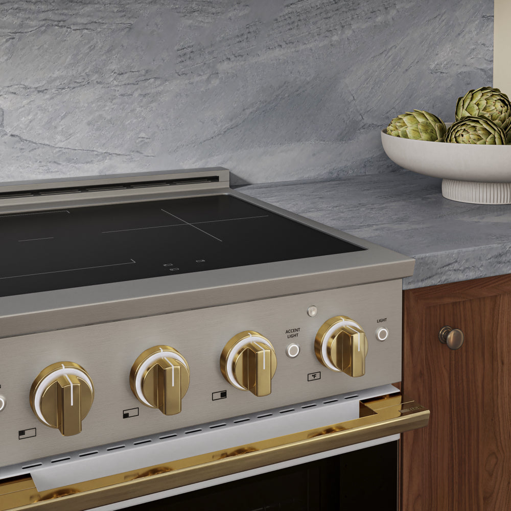 ZLINE Autograph Edition 24 in. 3.2 cu. ft. Marino Induction Range with 3 Element Cooktop and Electric Convection Oven in Stainless Steel with White Matte Door and Polished Gold Accents (MINRZ-WM-24-G)