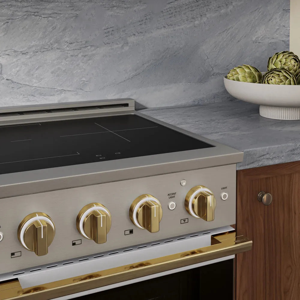 ZLINE Autograph Edition 24 in. 3.2 cu. ft. Marino Induction Range with 3 Element Cooktop and Electric Convection Oven in Stainless Steel with White Matte Door and Polished Gold Accents (MINRZ-WM-24-G)