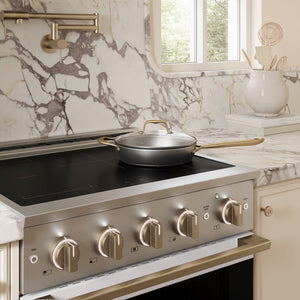 ZLINE Autograph Edition 30 in. 4.2 cu. ft. Marino Induction Range with 4 Element Cooktop and Electric Convection Oven in Stainless Steel with White Matte Door and Champagne Bronze Accents (MINRZ-WM-30-CB)