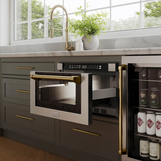 Modern kitchen with gray cabinets, bronze details, and a ZLINE Autograph Edition 24 in. 1.2 cu. ft. Built-in Microwave Drawer with a Traditional Handle in Stainless Steel and Champagne Bronze Accents (MWDZ-1-H-CB)