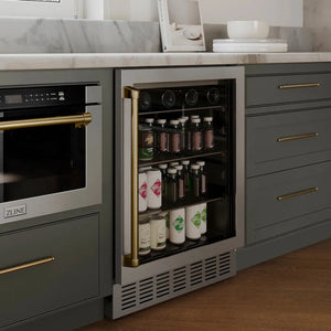 Modern kitchen with a ZLINE Autograph Edition 24 in. Monument 154 Can Beverage Fridge in Stainless Steel with Champagne Bronze Accents (RBVZ-US-24-CB)