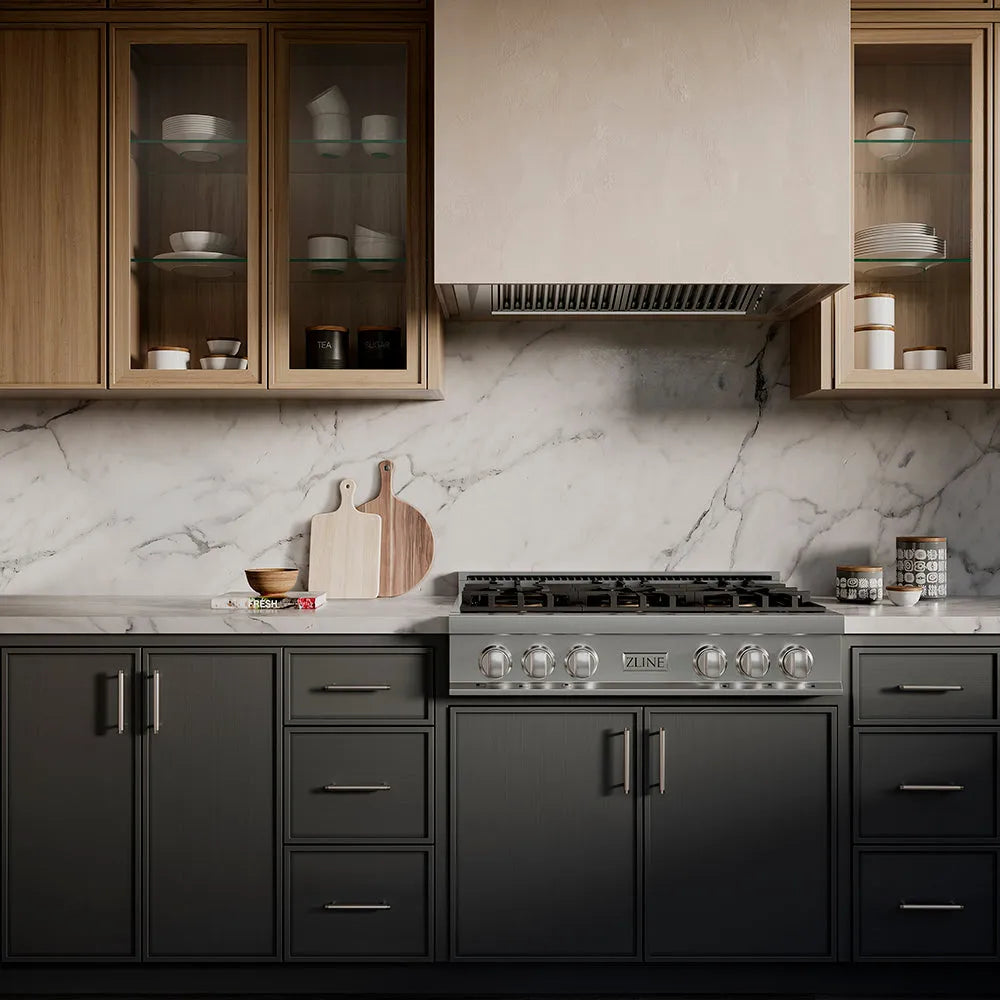 ZLINE 36 in. Classic Gas Rangetop with 6 Burner DuoPro™ Cooktop in Stainless Steel (PCRT36) in a luxury kitchen with gray-blue cabinets, marble backsplash, and custom range hood.