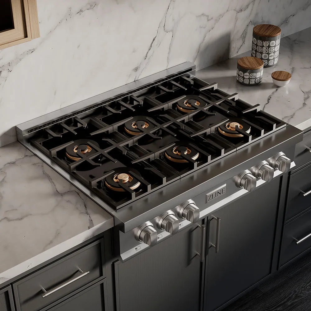 ZLINE 36 in. Classic Gas Rangetop with 6 Burner DuoPro™ Cooktop in Stainless Steel (PCRT36) in a luxury kitchen with gray-blue cabinets, marble backsplash, and custom range hood.