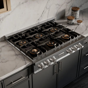 ZLINE 36 in. Classic Gas Rangetop with 6 Burner DuoPro™ Cooktop in Stainless Steel (PCRT36) in a luxury kitchen with gray-blue cabinets, marble backsplash, and custom range hood.