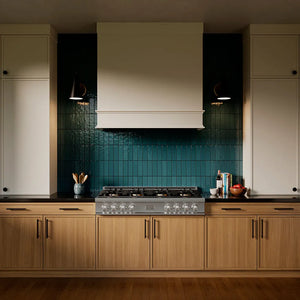 ZLINE 48 in. Classic Gas Rangetop with 8 Burner DuoPro™ Cooktop in Stainless Steel (PCRT48) in a luxury kitchen with wooden cabinets and blue tiled backsplash, front.