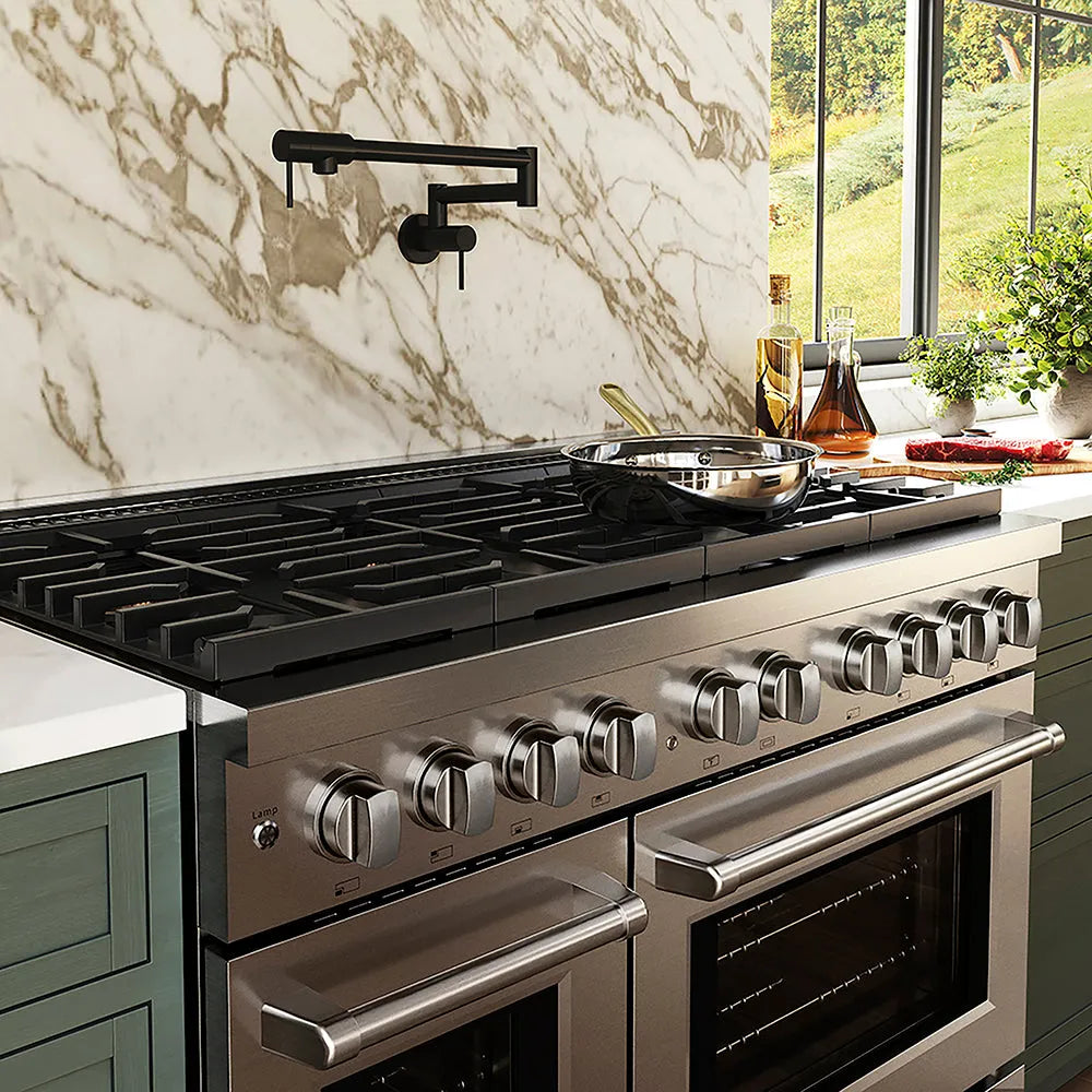 ZLINE 48 in. 6.7 cu. ft. Paramount Dual Fuel Range with 8 Burner DuoPro™ Cooktop and Dual Ovens in Stainless Steel (PSDR48) with marble backsplash and window view