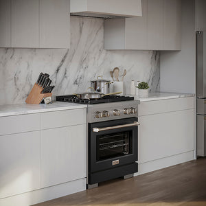 ZLINE 30 in. 4.2 cu. ft. Paramount Gas Range with 4 Burner DuoPro™ Cooktop and Convection Gas Oven with Black Matte Door (PSGR-BLM-30) in a luxury kitchen with white marble backsplash and white cabinets, side.