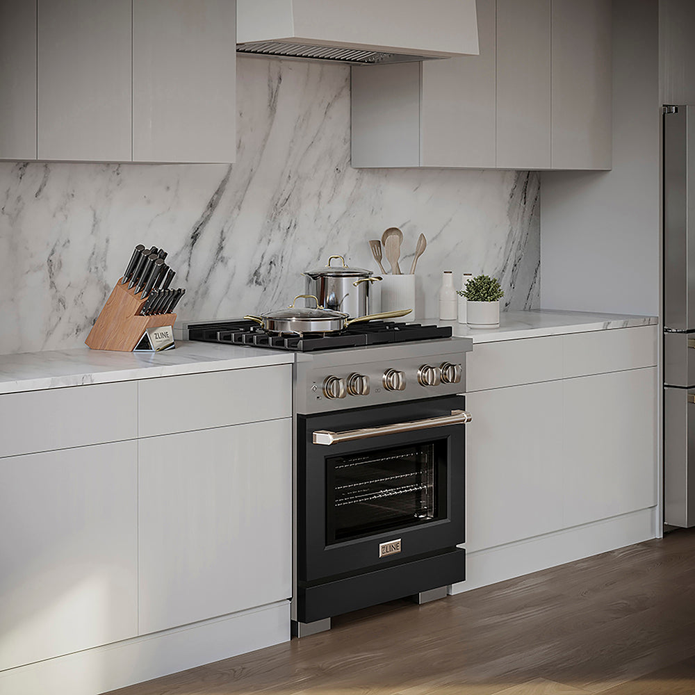 ZLINE 30 in. 4.2 cu. ft. Paramount Dual Fuel Range with 4 Burner DuoPro™ Cooktop and Electric Convection Oven with Black Matte Door (PSDR-BLM-30) in a luxury kitchen with white marble backsplash and white cabinets, side.