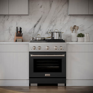 ZLINE 30 in. 4.2 cu. ft. Paramount Gas Range with 4 Burner DuoPro™ Cooktop and Convection Gas Oven with Black Matte Door (PSGR-BLM-30) in a luxury kitchen with white marble backsplash and white cabinets.