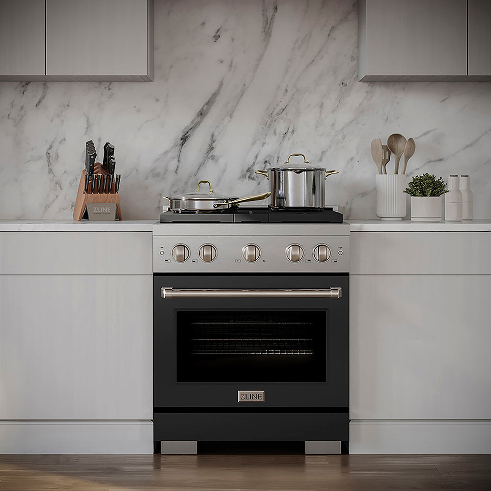 ZLINE 30 in. 4.2 cu. ft. Paramount Dual Fuel Range with 4 Burner DuoPro™ Cooktop and Electric Convection Oven with Black Matte Door (PSDR-BLM-30) in a luxury kitchen with white marble backsplash and white cabinets.
