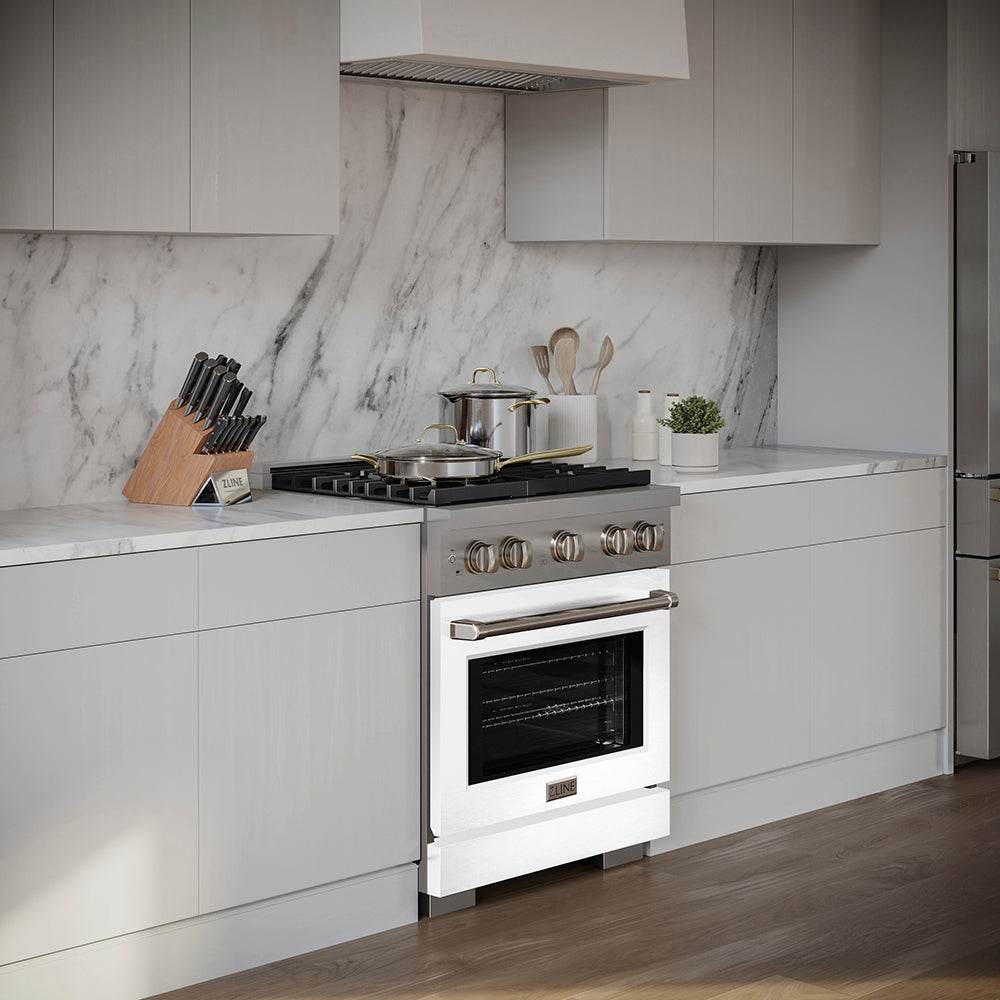 ZLINE 30 in. 4.2 cu. ft. Paramount Dual Fuel Range with 4 Burner DuoPro™ Cooktop and Electric Convection Oven with White Matte Door (PSDR-WM-30) in a luxury kitchen.