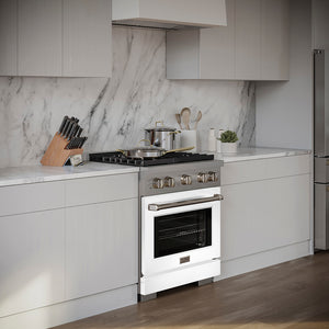ZLINE 30 in. 4.2 cu. ft. Paramount Gas Range with 4 Burner DuoPro™ Cooktop and Convection Gas Oven with White Matte Door (PSGR-WM-30) in a kitchen with white cabinets and marble backsplash, side.