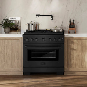 ZLINE 36 in. 5.2 cu. ft. Paramount Gas Range with 6 Burner DuoPro™ Cooktop and Convection Gas Oven in Black Stainless Steel (PSGRB-36) in a kitchen with wooden cabinets and marble countertop