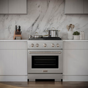 ZLINE 30 in. 4.2 cu. ft. Paramount Gas Range with 4 Burner DuoPro™ Cooktop and Convection Gas Oven in Satin Stainless Steel (PSGRS-30) in a luxury kitchen with white marble backsplash and white cabinets, side.