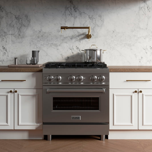 ZLINE 30 in. 4.0 cu. ft. Legacy Dual Fuel Range with 4 Burner Gas Cooktop and Electric Convection Oven in Stainless Steel (RA30) in a modern kitchen with marble backsplash and wooden countertops.