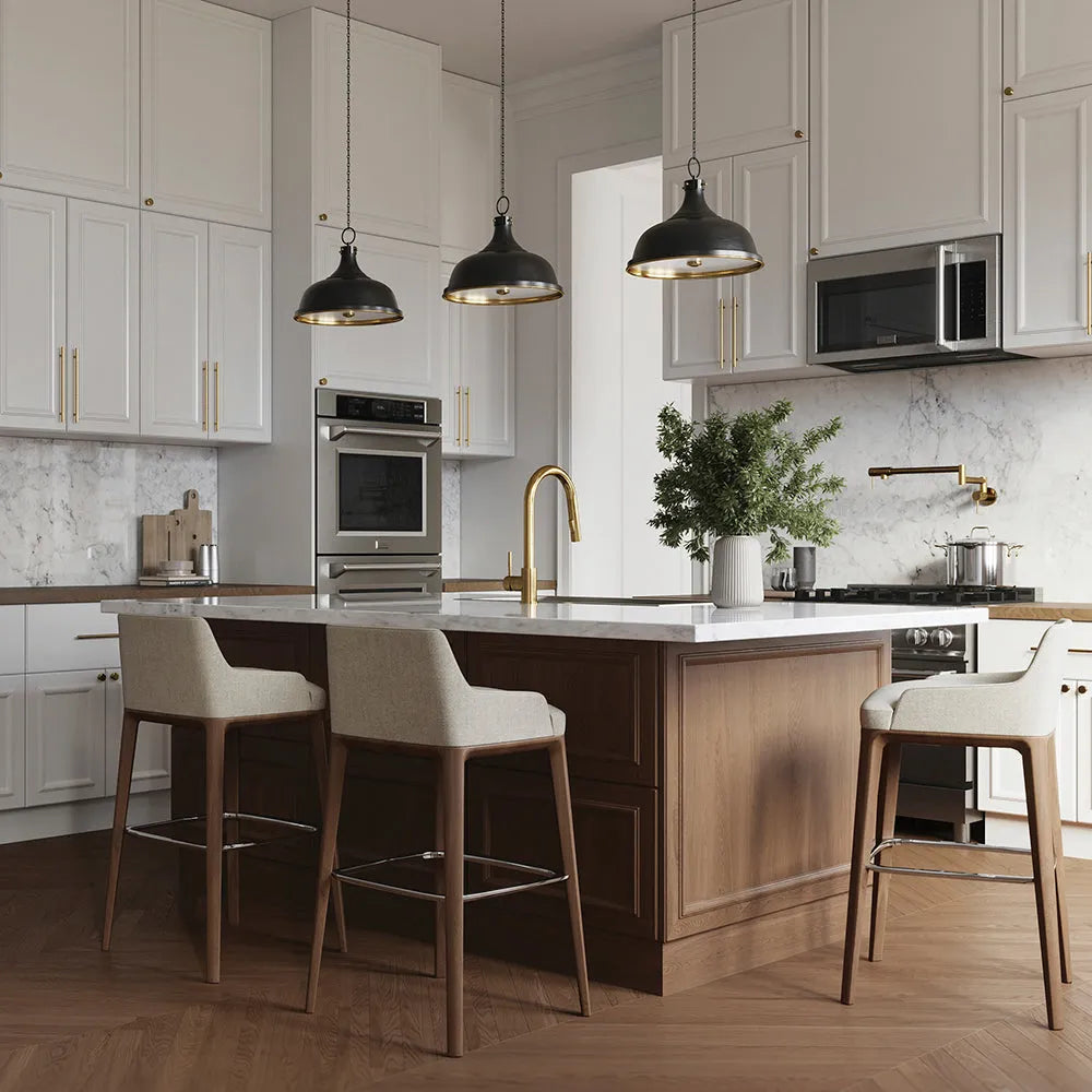 ZLINE 30 in. Stainless Steel Over the Range Convection Microwave Oven with Traditional Handle (MWO-OTR-H-30) in a white marble kitchen with wood details.