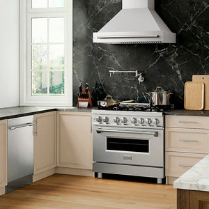 Modern kitchen with ZLINE 36 in. 4.6 cu. ft. Legacy Dual Fuel Range with 6 Burner Gas Cooktop and Electric Convection Oven in Stainless Steel (RA36) and range hood, marble backsplash, and wooden flooring.