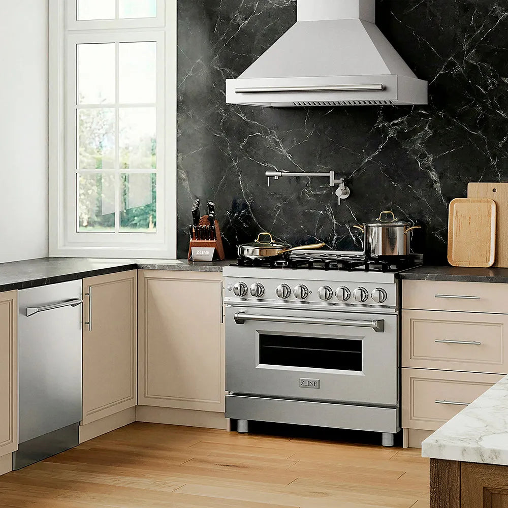 Modern kitchen with ZLINE 36 in. 4.6 cu. ft. Legacy Dual Fuel Range with 6 Burner Gas Cooktop and Electric Convection Oven in Stainless Steel (RA36) and range hood, marble backsplash, and wooden flooring.