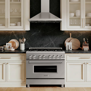 Modern kitchen with a ZLINE 36 in. 4.6 cu. ft. Legacy Dual Fuel Range with 6 Burner Gas Cooktop and Electric Convection Oven in Stainless Steel (RA36) and black marble backsplash