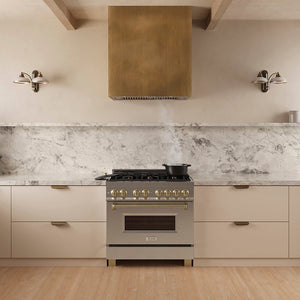 ZLINE 34 in. DuraMount™ Wall Mount Range Hood Insert in Stainless Steel (683-34) in a designer kitchen with a custom wood range hood above a stainless steel range,