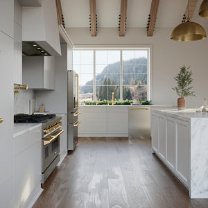 ZLINE Autograph Edition 24 in. Monument Series 3rd Rack Dishwasher with Auto Door Open Drying, 44dBa, Stainless Steel Panel with Polished Gold Handle (DWMTZ-304-24-G) in a kitchen with white cabinets, stainless steel appliances, and a large window view of trees.