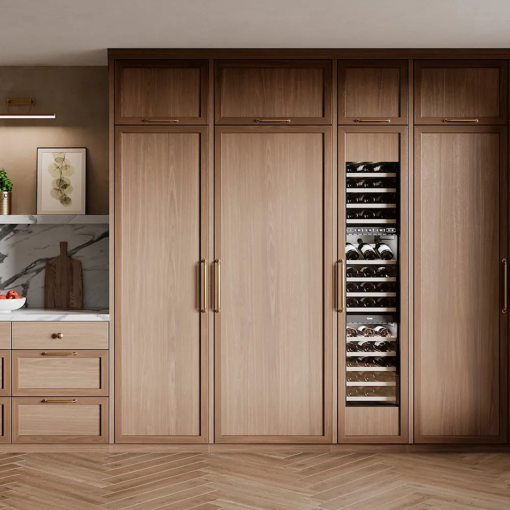 ZLINE 18 in. 9.0 cu. ft. Triple Zone 68 Bottle Panel Ready Right Hinge Column Wine Cooler (RBCWVR-18) in a luxury kitchen.