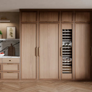 ZLINE 18 in. 9.0 cu. ft. Triple Zone 68 Bottle Panel Ready Right Hinge Column Wine Cooler (RBCWVR-18) in a luxury kitchen.