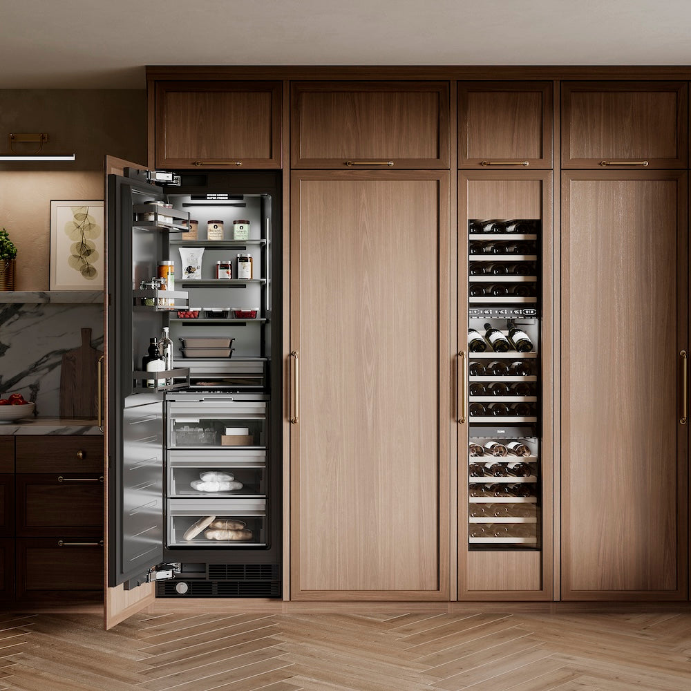 ZLINE 24 in. 12.4 cu. ft. Panel Ready Column Freezer with Graphite Gray Interior (RBCFV-24) in a luxury kitchen.