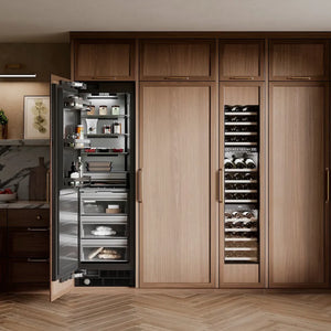 ZLINE 24 in. 12.4 cu. ft. Panel Ready Column Freezer with Graphite Gray Interior (RBCFV-24) in a luxury kitchen.