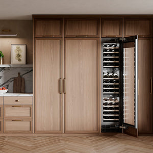 ZLINE 18 in. 9.0 cu. ft. Triple Zone 68 Bottle Panel Ready Right Hinge Column Wine Cooler (RBCWVR-18) in a luxury kitchen.