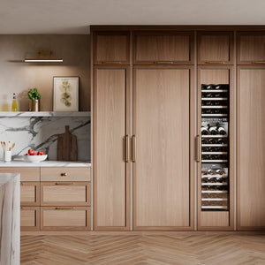 ZLINE 18 in. 8.6 cu. ft. Panel Ready Left Hinge Column Freezer with Graphite Gray Interior (RBCFVL-18) in a luxury kitchen.