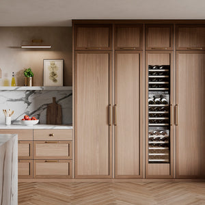 ZLINE 18 in. 9.0 cu. ft. Triple Zone 68 Bottle Panel Ready Left Hinge Column Wine Cooler (RBCWVL-18) in a luxury kitchen.