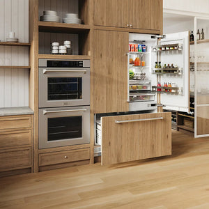 Custom kitchen with wooden cabinets, ZLINE 30 in. Professional True Convection Double Wall Oven with Air Fry and Self Clean in Stainless Steel (WAD-30), and open refrigerator.