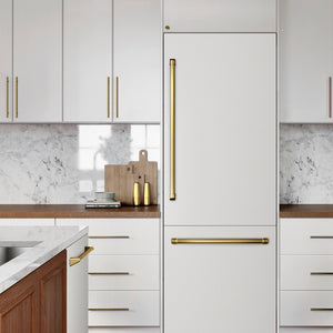 ZLINE Autograph Edition 30 in. 16.1 cu. ft. Built-In Bottom Freezer Refrigerator with Water Dispenser and Ice Maker in White Matte with Graphite Gray Interior and Polished Gold Accents (GRBIVZ-WM-30-G) lifestyle, in a luxury kitchen.