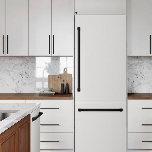 ZLINE Autograph Edition 30 in. 16.1 cu. ft. Built-In Bottom Freezer Refrigerator with Water Dispenser and Ice Maker in White Matte with Graphite Gray Interior and Matte Black Accents (GRBIVZ-WM-30-MB) lifestyle, in a luxury kitchen.