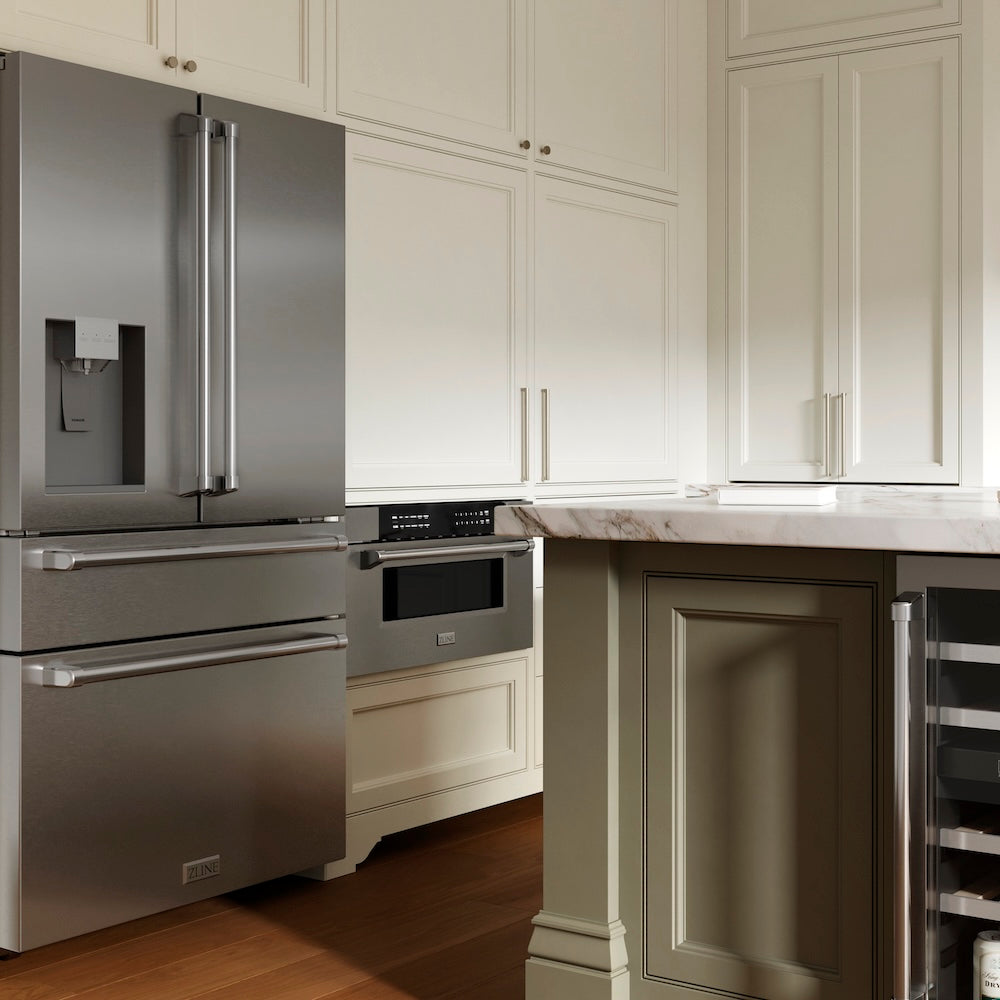 Farmhouse kitchen with ZLINE 36 in. 21.6 cu. ft. Counter-Depth French Door Refrigerator with Water and Ice Dispenser in Fingerprint-Resistant Stainless Steel (RFM-W-36) and built-in microwave in a neutral color scheme.