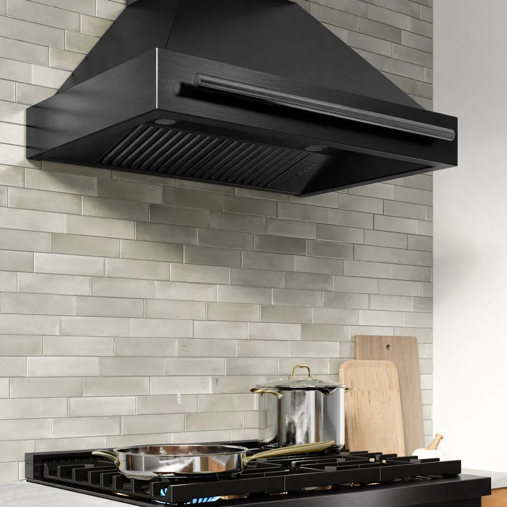 ZLINE 36 in. Wall-Mount Range Hood Helix Handle (Set of 1) in Black Stainless Steel (RHHZ-K-BS-36) installed in a designer kitchen.