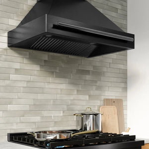 ZLINE 36 in. Wall-Mount Range Hood Helix Handle (Set of 1) in Black Stainless Steel (RHHZ-K-BS-36) installed in a designer kitchen.